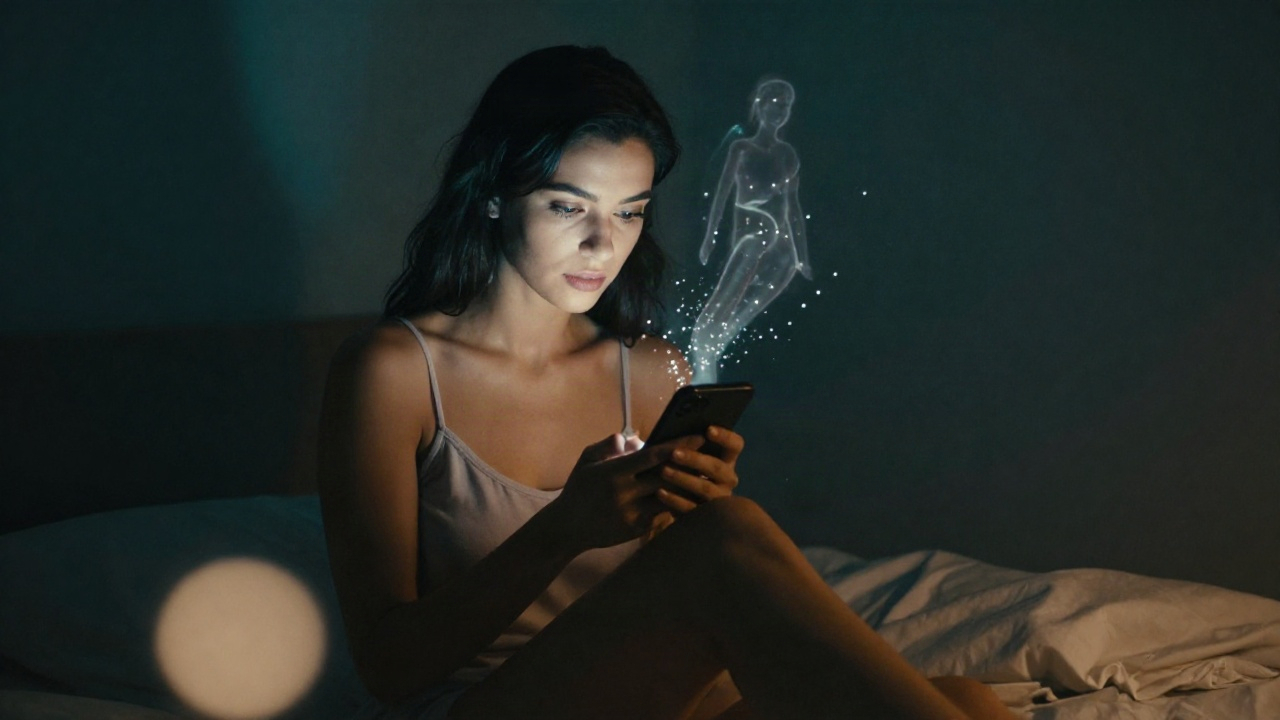 Молодая женщина в тёмной спальне, освещённая экраном смартфона; вокруг устройства парят светящиеся частицы, образующие призрачный силуэт